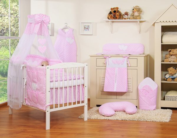 Bedding set 5-pcs with canopy- Hanging Hearts white dots on pink - Image 11