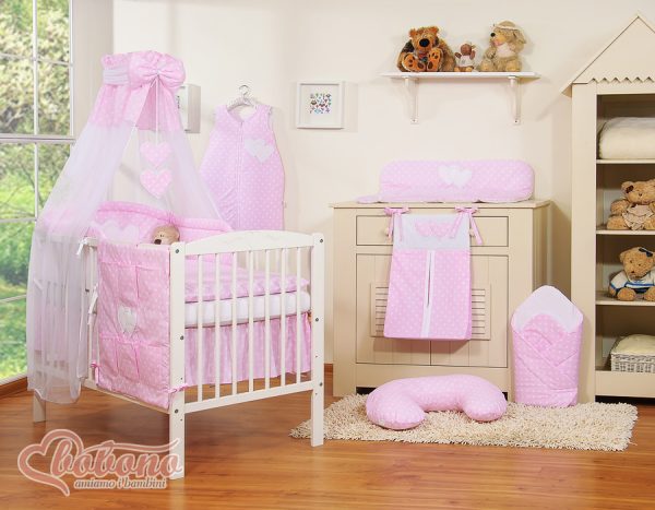 Bedding set 5-pcs with canopy- Hanging Hearts white dots on pink - Image 12