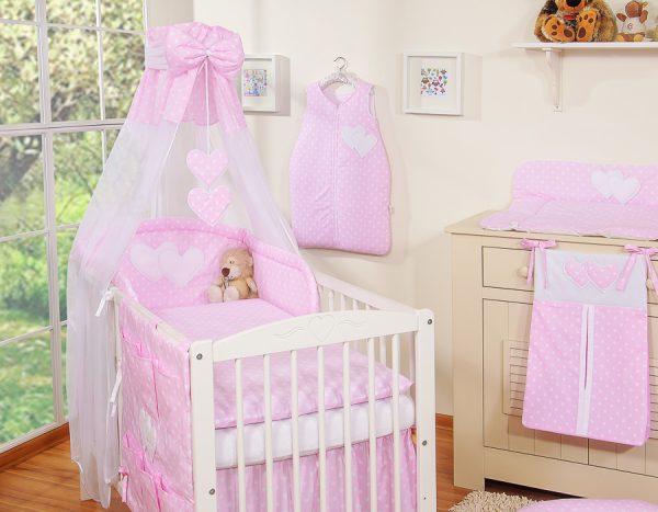 Bedding set 5-pcs with canopy- Hanging Hearts white dots on pink - Image 13