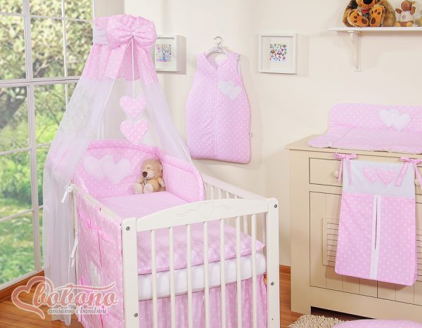 Bedding set 5-pcs with canopy- Hanging Hearts white dots on pink - Image 16