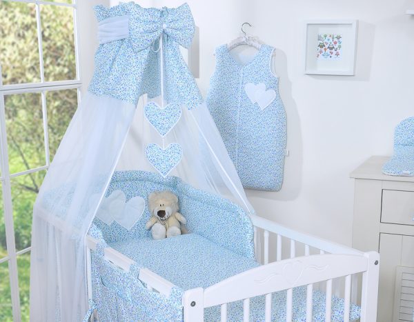 Bedding set 5-pcs with canopy- Hanging Hearts little blue flowers - Image 8