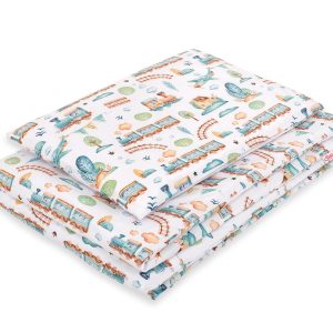 Baby cotton bedding set 2-pcs 120x90 cm- turquoise train