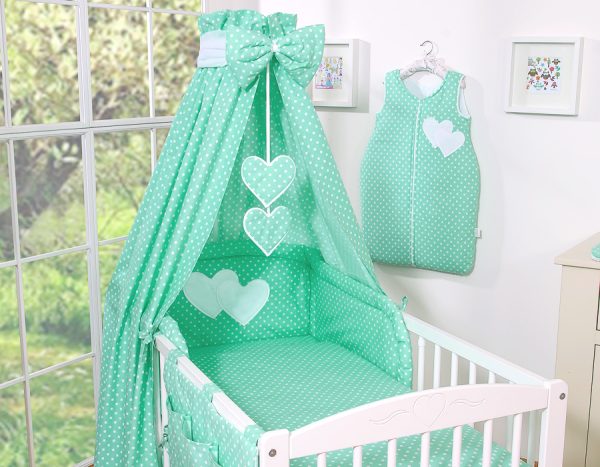 Bedding set 5-pcs- Hanging Hearts white dots on mint
