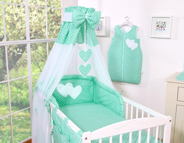 Bedding set 5-pcs- Hanging Hearts white dots on mint - Image 9
