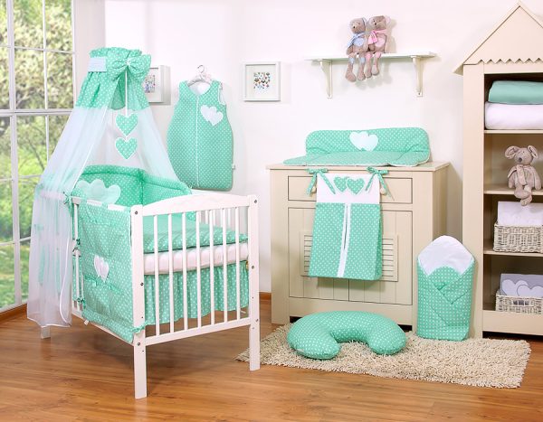 Bedding set 5-pcs- Hanging Hearts white dots on mint - Image 11