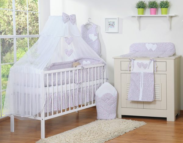 Bedding set 5-pcs with mosquito-net- Hanging Hearts pink flowers