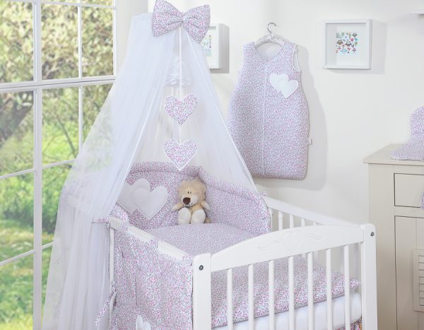 Bedding set 5-pcs with mosquito-net- Hanging Hearts pink flowers - Image 3