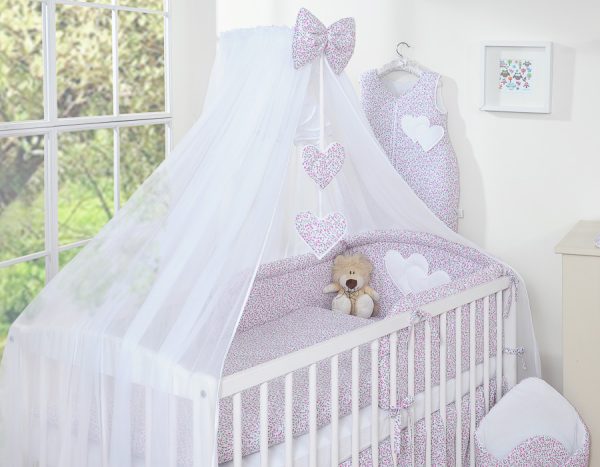 Bedding set 5-pcs with mosquito-net- Hanging Hearts pink flowers - Image 7