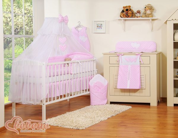 Bedding set 5-pcs with mosquito-net- Hanging Hearts white dots on pink - Image 4