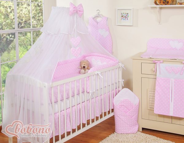 Bedding set 5-pcs with mosquito-net- Hanging Hearts white dots on pink - Image 8