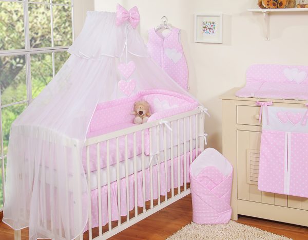 Bedding set 5-pcs with mosquito-net- Hanging Hearts white dots on pink - Image 9