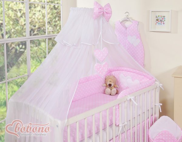 Bedding set 5-pcs with mosquito-net- Hanging Hearts white dots on pink - Image 10