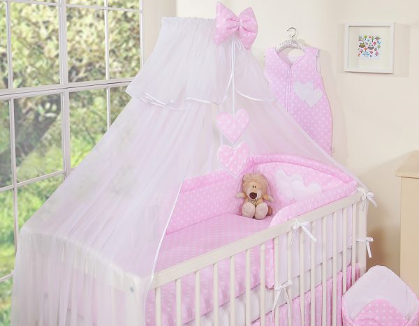 Bedding set 5-pcs with mosquito-net- Hanging Hearts white dots on pink - Image 11