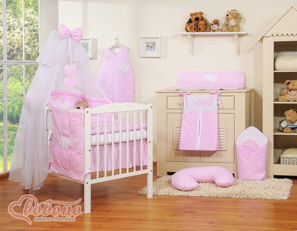 Bedding set 5-pcs with mosquito-net- Hanging Hearts white dots on pink - Image 12
