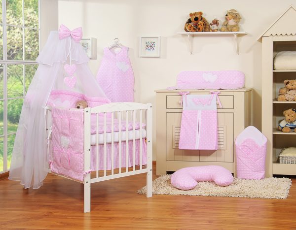 Bedding set 5-pcs with mosquito-net- Hanging Hearts white dots on pink - Image 13