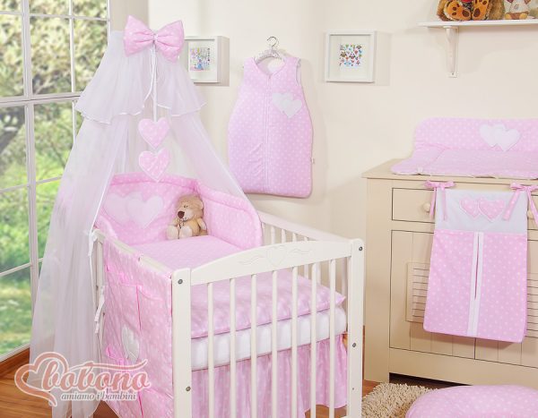 Bedding set 5-pcs with mosquito-net- Hanging Hearts white dots on pink - Image 14