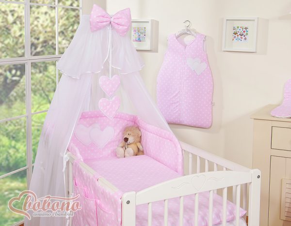Bedding set 5-pcs with mosquito-net- Hanging Hearts white dots on pink - Image 15