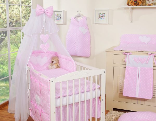 Bedding set 5-pcs with mosquito-net- Hanging Hearts white dots on pink - Image 16