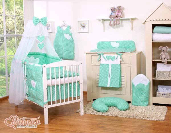 Bedding set 5-pcs with mosquito-net- Hanging Hearts white dots on mint - Image 5