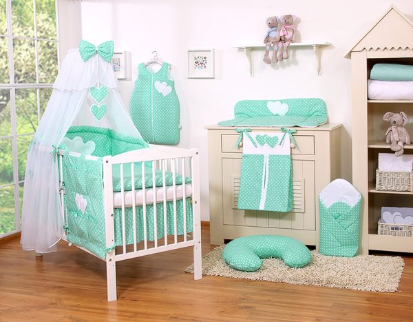 Bedding set 5-pcs with mosquito-net- Hanging Hearts white dots on mint - Image 6