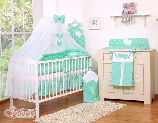 Bedding set 5-pcs with mosquito-net- Hanging Hearts white dots on mint - Image 9