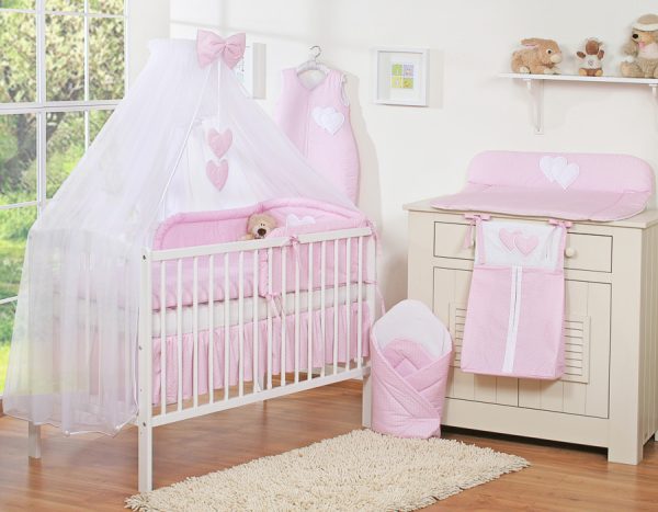 Bedding set 5-pcs with mosquito-net- Hanging Hearts white polka dots on pink