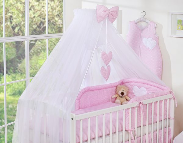 Bedding set 5-pcs with mosquito-net- Hanging Hearts white polka dots on pink - Image 2