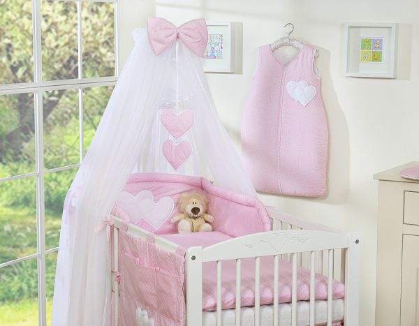 Bedding set 5-pcs with mosquito-net- Hanging Hearts white polka dots on pink - Image 3