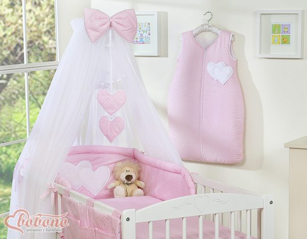 Bedding set 5-pcs with mosquito-net- Hanging Hearts white polka dots on pink - Image 5