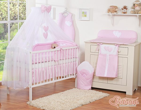 Bedding set 5-pcs with mosquito-net- Hanging Hearts white polka dots on pink - Image 6