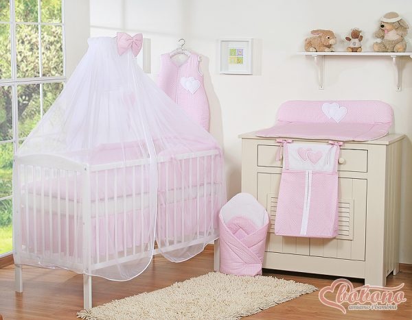 Bedding set 5-pcs with mosquito-net- Hanging Hearts white polka dots on pink - Image 7