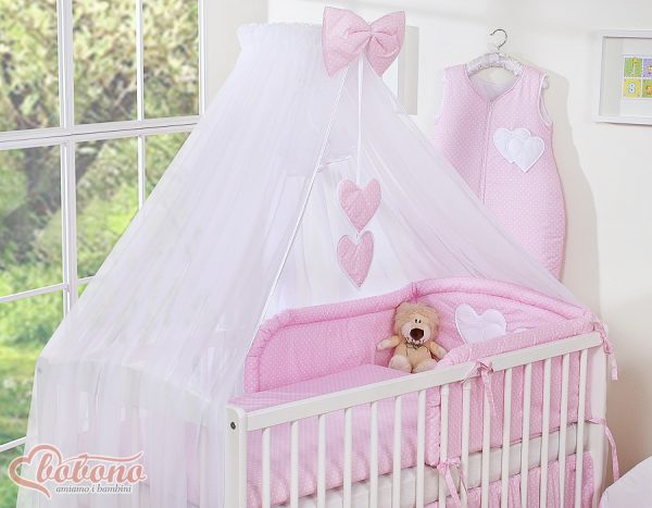 Bedding set 5-pcs with mosquito-net- Hanging Hearts white polka dots on pink - Image 8