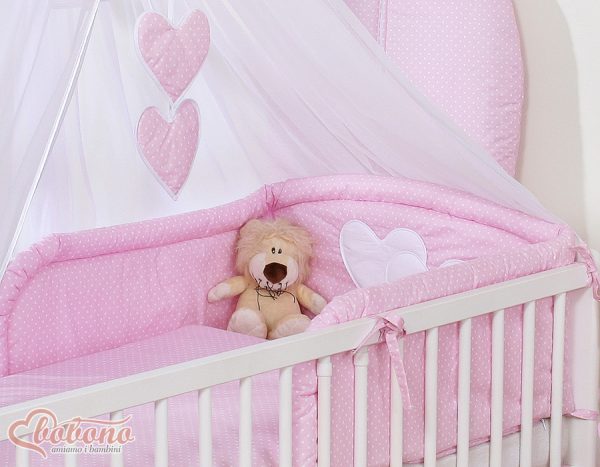 Bedding set 5-pcs with mosquito-net- Hanging Hearts white polka dots on pink - Image 9