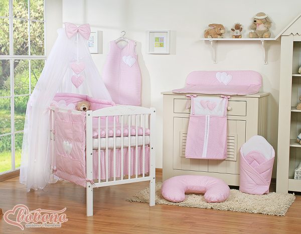 Bedding set 5-pcs with mosquito-net- Hanging Hearts white polka dots on pink - Image 10