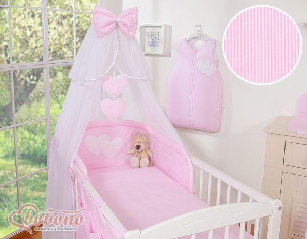 Bedding set 5-pcs with mosquito-net- Hanging Hearts pink strips - Image 4