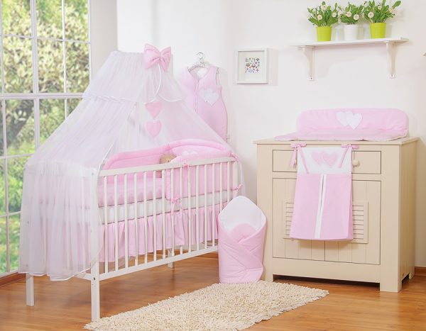 Bedding set 5-pcs with mosquito-net- Hanging Hearts pink strips - Image 15