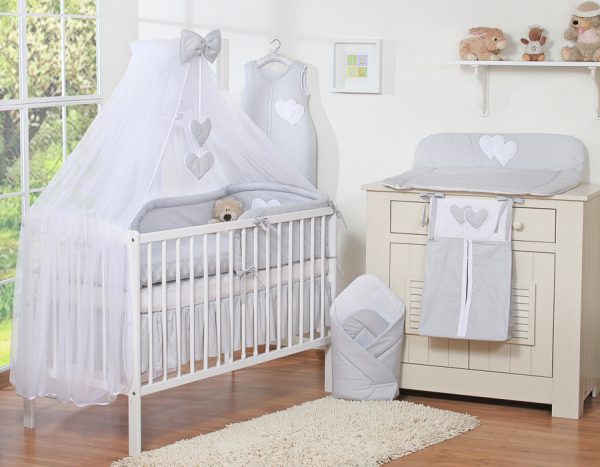 Bedding set 5-pcs with mosquito-net- Hanging Hearts grey