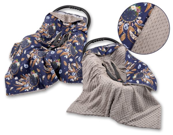 Big double-sided car seat blanket for babies - dream catchers dark blue