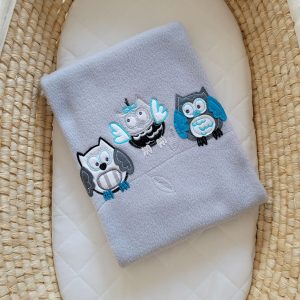 Polar fleece blanket for babies - Owls Bigi Zibi & Adele- grey-turquoise