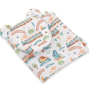 Duvet with pillow Teddy - 2pcs set - turquoise train