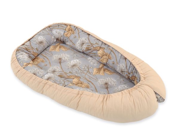 Baby nest double-sided Premium Cocoon for infants BOBONO- dandelions grey/ beige - Image 3