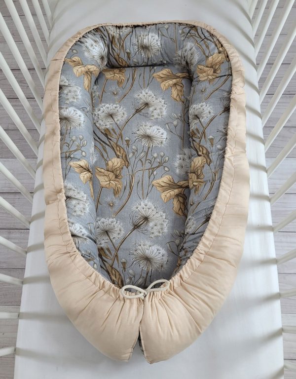 Baby nest double-sided Premium Cocoon for infants BOBONO- dandelions grey/ beige - Image 4