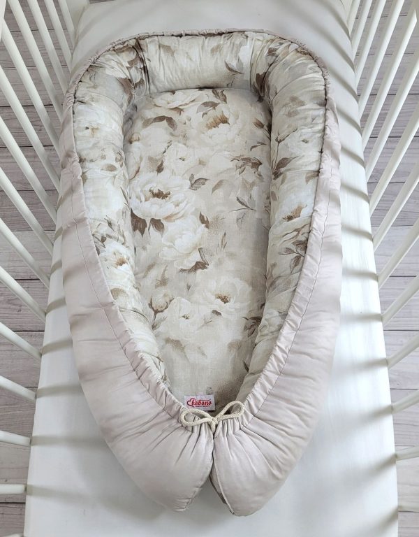 Baby nest double-sided Premium Cocoon for infants BOBONO- peonies/ stone - Image 4