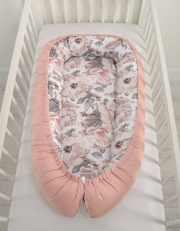 Baby nest double-sided Premium Cocoon for infants BOBONO - sepia roses/pastel pink - Image 4