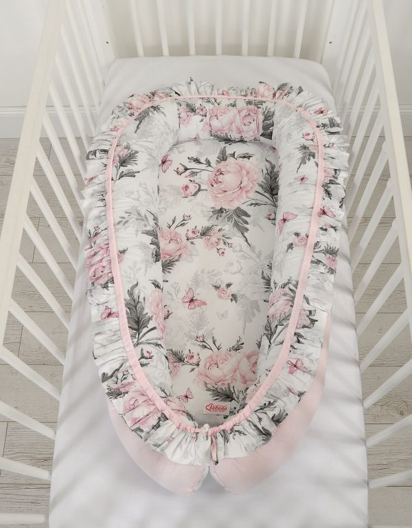 Baby nest Premium Cocoon for infants with a ruffle - Romantic peonies - Image 4