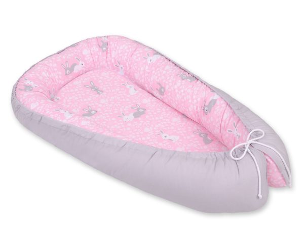 Baby nest double-sided Premium Cocoon for infants BOBONO- pink rabbits/gray - Image 3