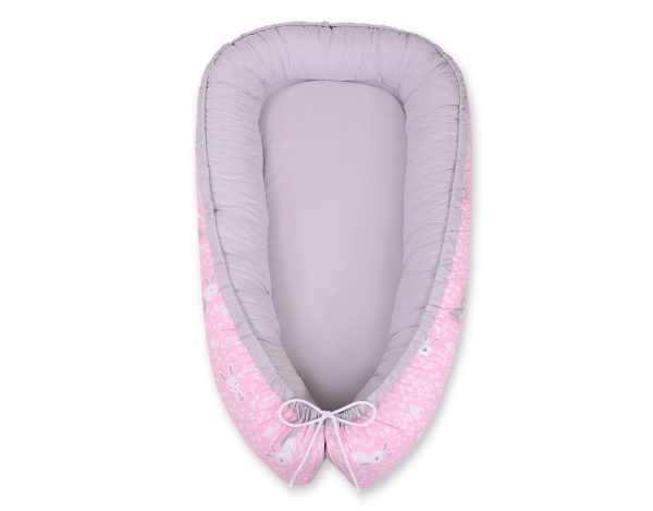 Baby nest double-sided Premium Cocoon for infants BOBONO- pink rabbits/gray - Image 4