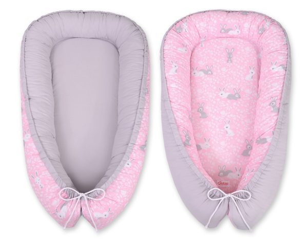 Baby nest double-sided Premium Cocoon for infants BOBONO- pink rabbits/gray - Image 5