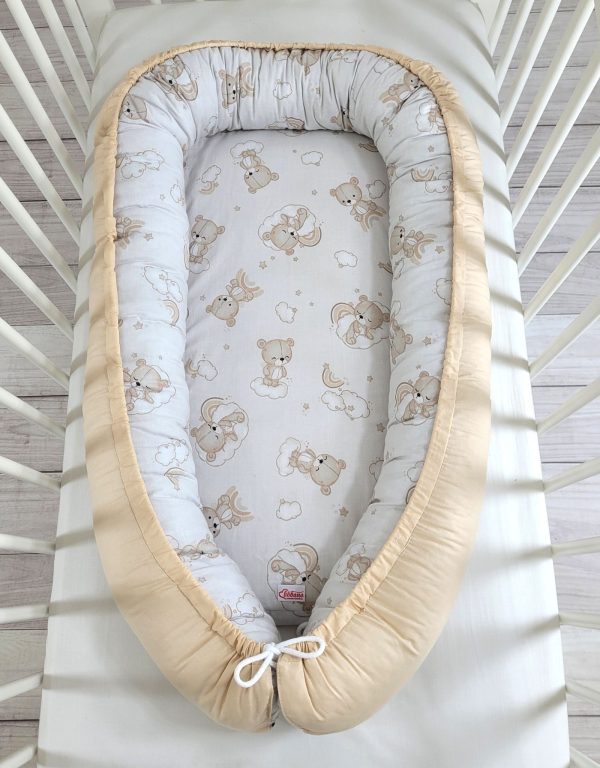 Baby nest double-sided Premium Cocoon for infants BOBONO- rainbow beige bear/ beige - Image 3