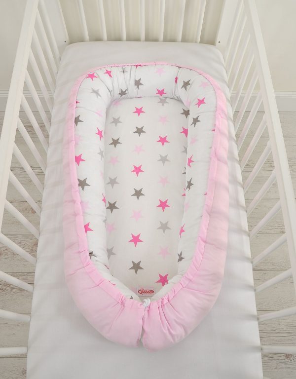 Baby nest double-sided Premium Cocoon for infants BOBONO- gray-pink stars/ gray - Image 5